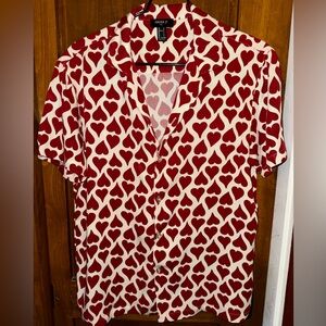 Forever 21 Red and White Heart Pattern Casual Button Down Shirt